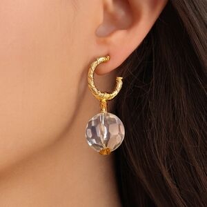 Gold Textured Hoop Open Earrings w/ Clear Crystal Drop – Bold Statement Jewelry